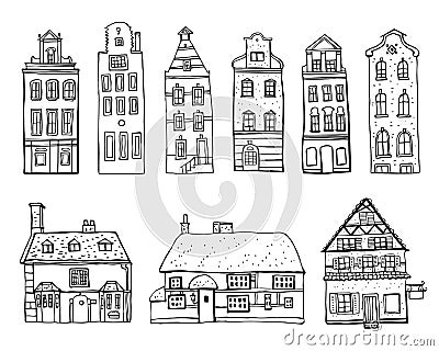 Vintage stone Europe houses. Set of old style town and village building facades. Hand drawn outline vector sketch illustration Vector Illustration